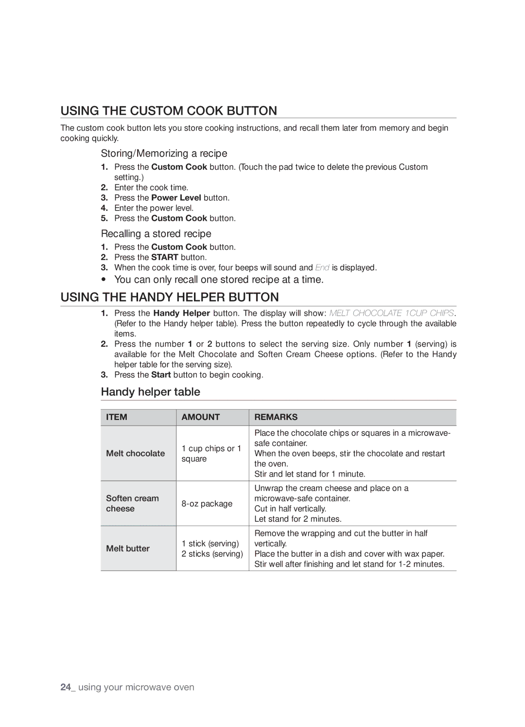 Samsung SMH8165STE Using the Custom Cook button, Using the Handy Helper button, Handy helper table, Amount Remarks 