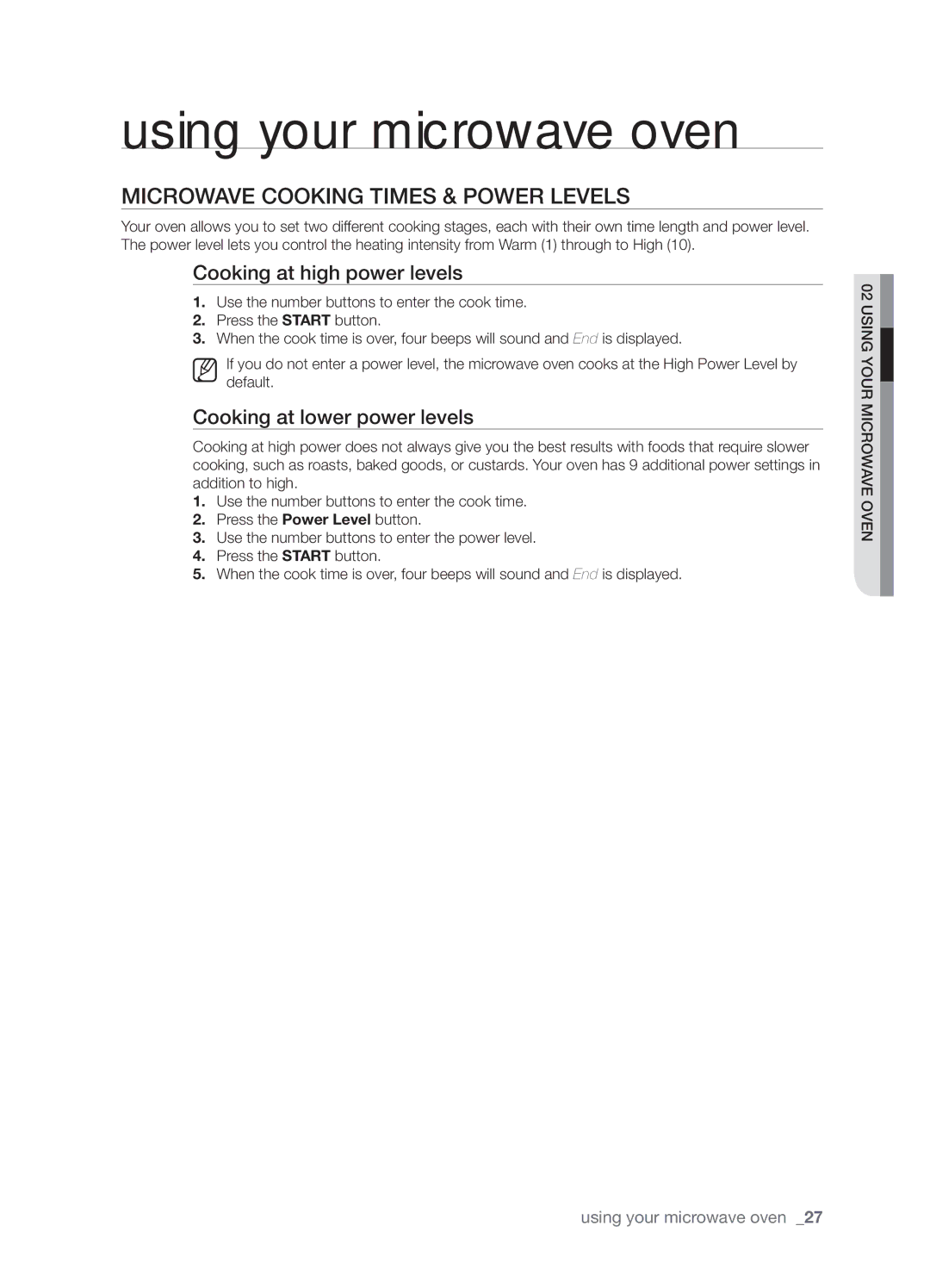 Samsung SMH8165STE Microwave cooking times & Power levels, Cooking at high power levels, Cooking at lower power levels 