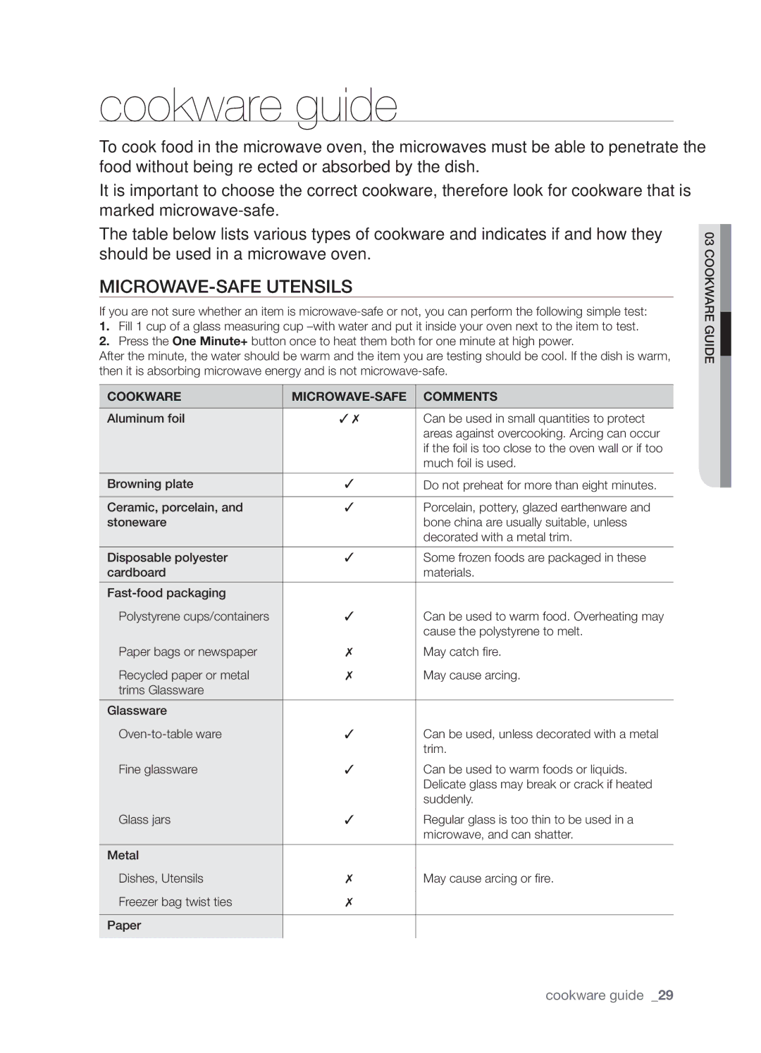 Samsung SMH8165STE user manual Cookware guide, Microwave-safe Utensils, Cookware MICROWAVE-SAFE Comments 