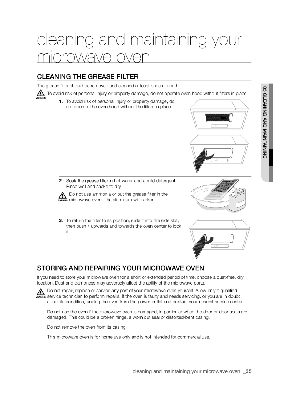 Samsung SMH8165STE user manual Cleaning the grease filter, Storing and repairing your microwave oven 