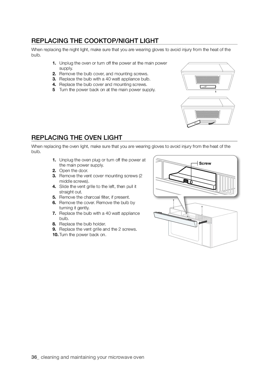 Samsung SMH8165STE user manual Replacing the Cooktop/Night light, Replacing the oven light 