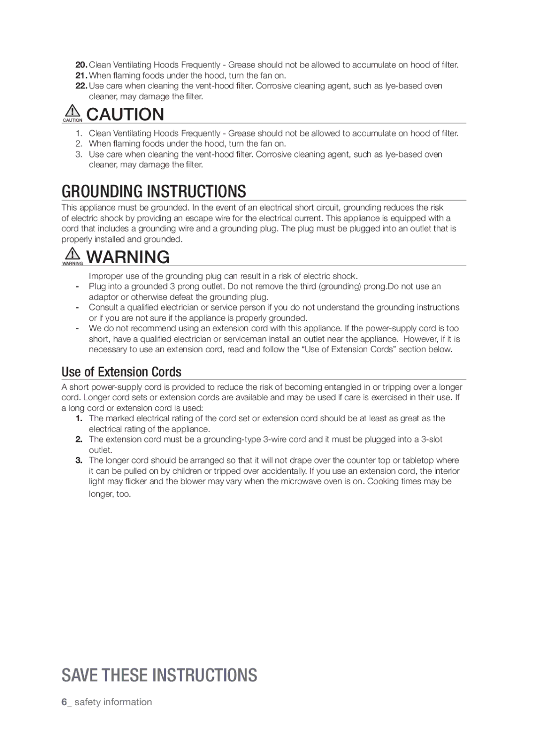 Samsung SMH8165STE user manual Grounding Instructions 