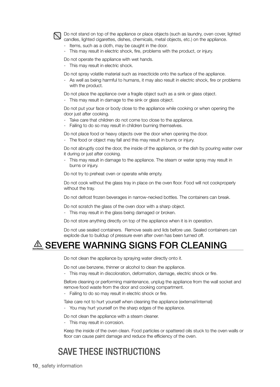 Samsung SMH8165STE user manual Warning Severe Warning Signs For Cleaning, Save these instructions, safety information 