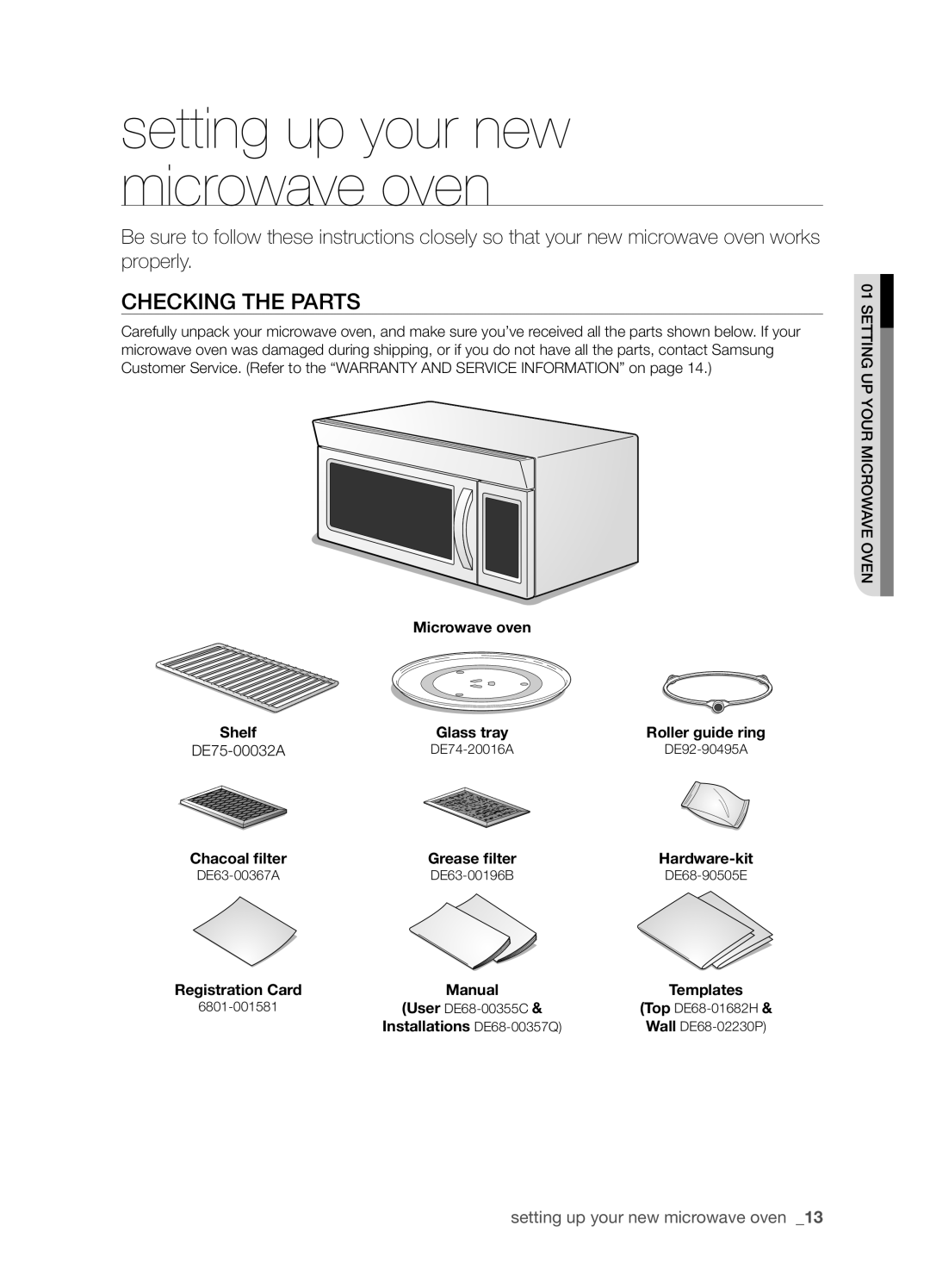 Samsung SMH8165STE setting up your new microwave oven, Checking the parts, Microwave oven, Shelf, Glass tray, Hardware-kit 