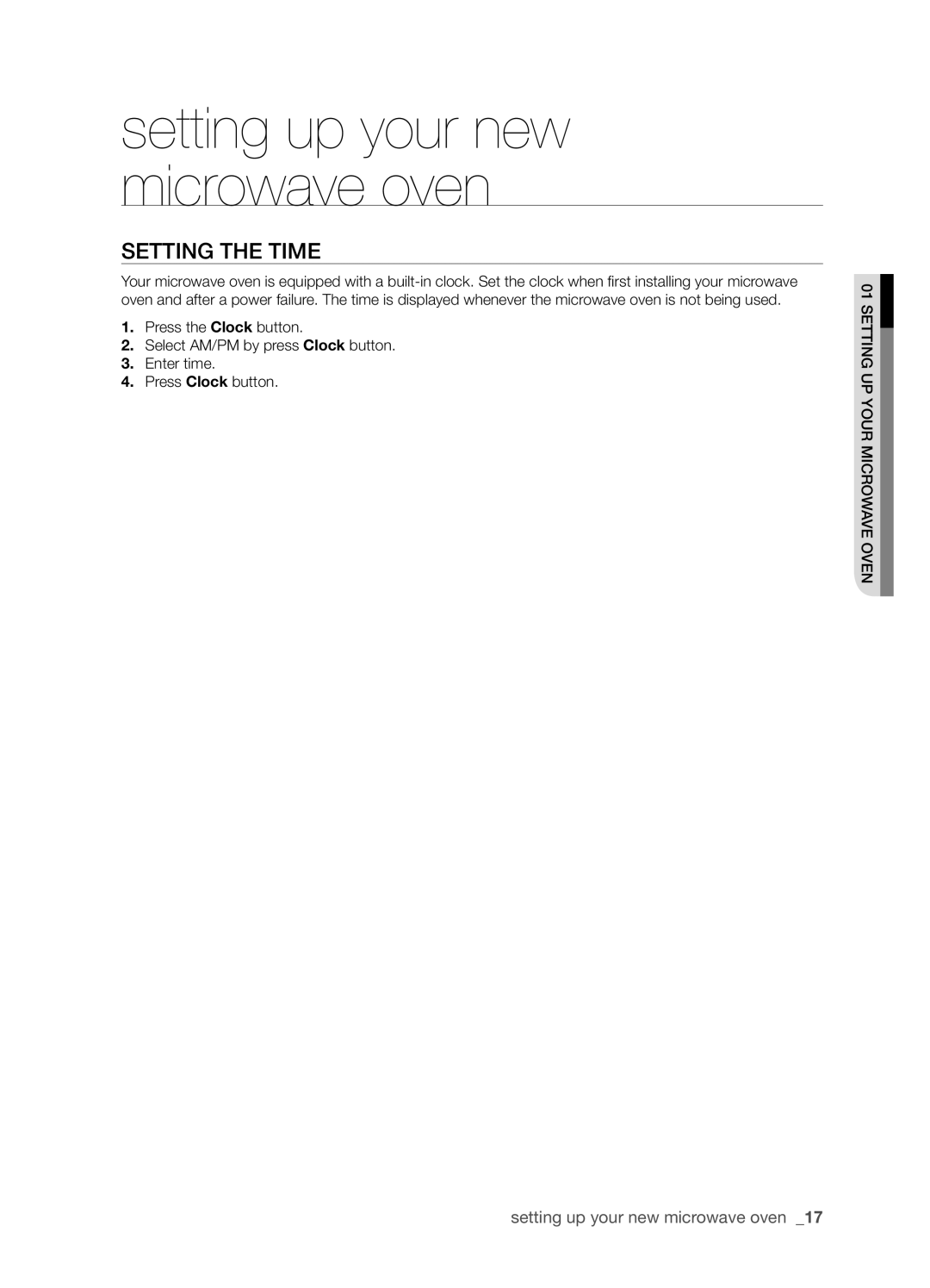 Samsung SMH8165STE user manual Setting the time, setting up your new microwave oven 