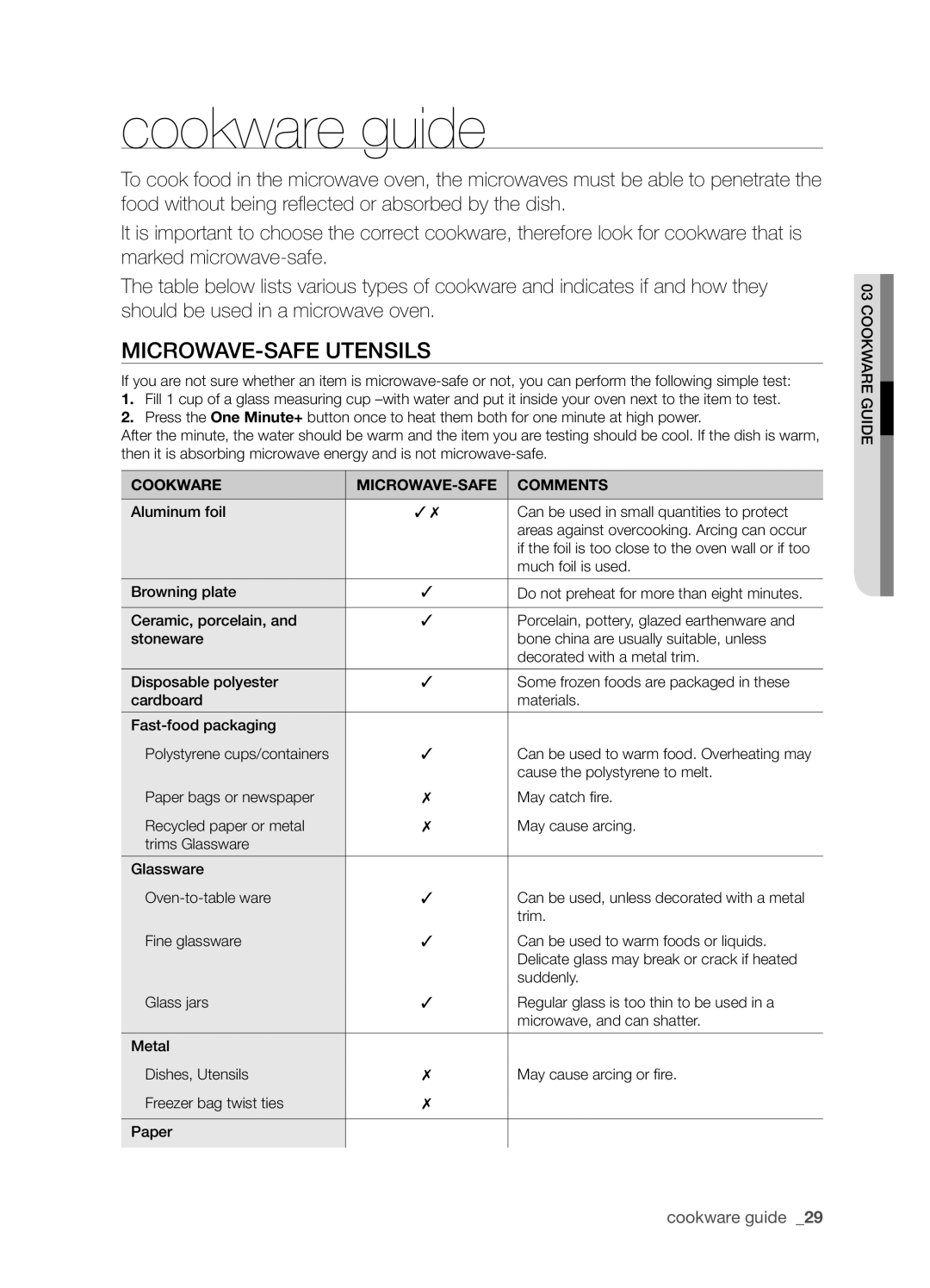 Samsung SMH8165STE user manual cookware guide, Microwave-safeUtensils 
