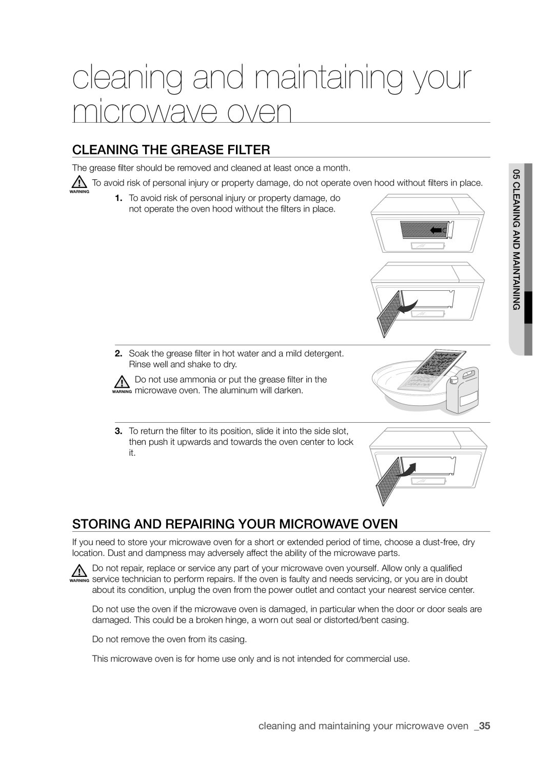 Samsung SMH8165STE user manual Cleaning the grease filter, Storing and repairing your microwave oven 