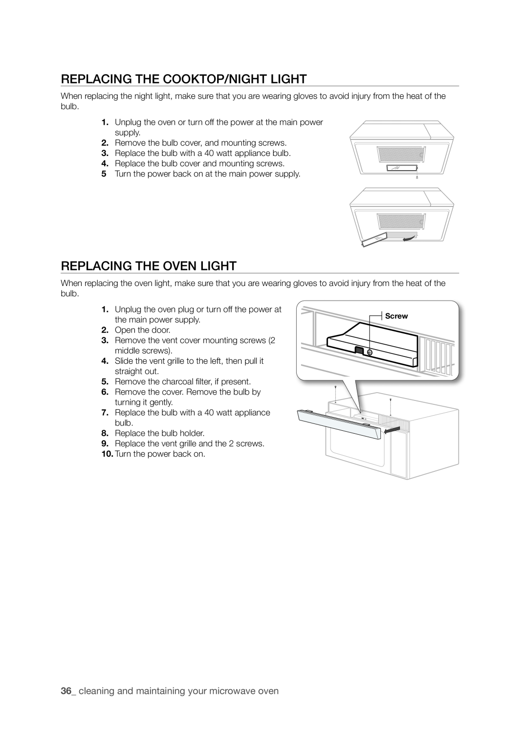 Samsung SMH8165STE user manual Replacing the Cooktop/Night light, Replacing the oven light 