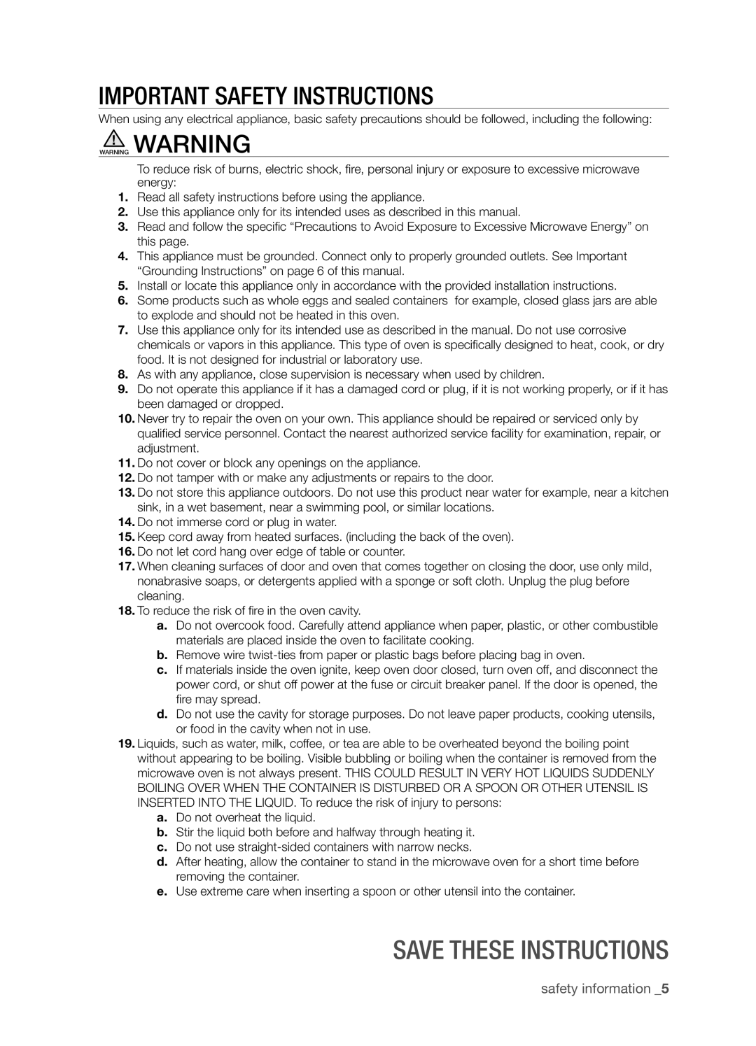 Samsung SMH8165STE user manual Important Safety Instructions, Save these instructions, safety information 