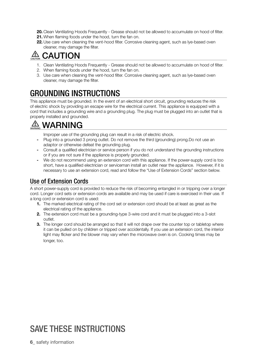 Samsung SMH8165STE user manual Grounding Instructions, Save these instructions, Use of Extension Cords, safety information 