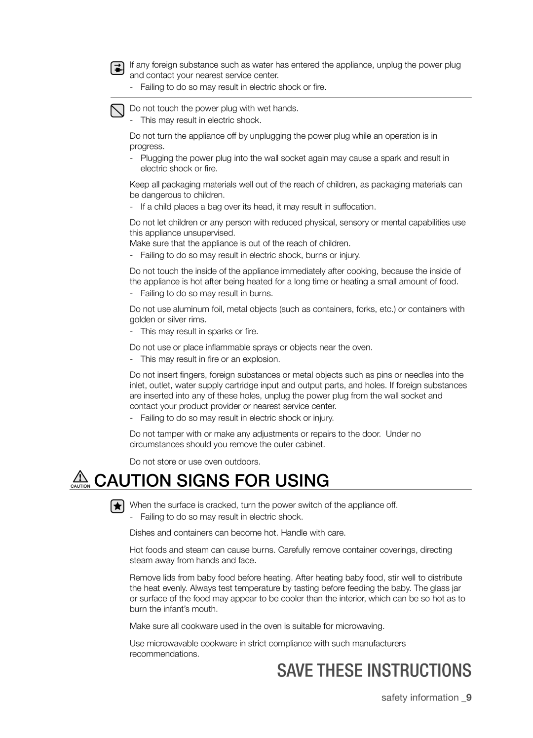 Samsung SMH8165STE user manual Caution Caution Signs For Using, Save these instructions, safety information 