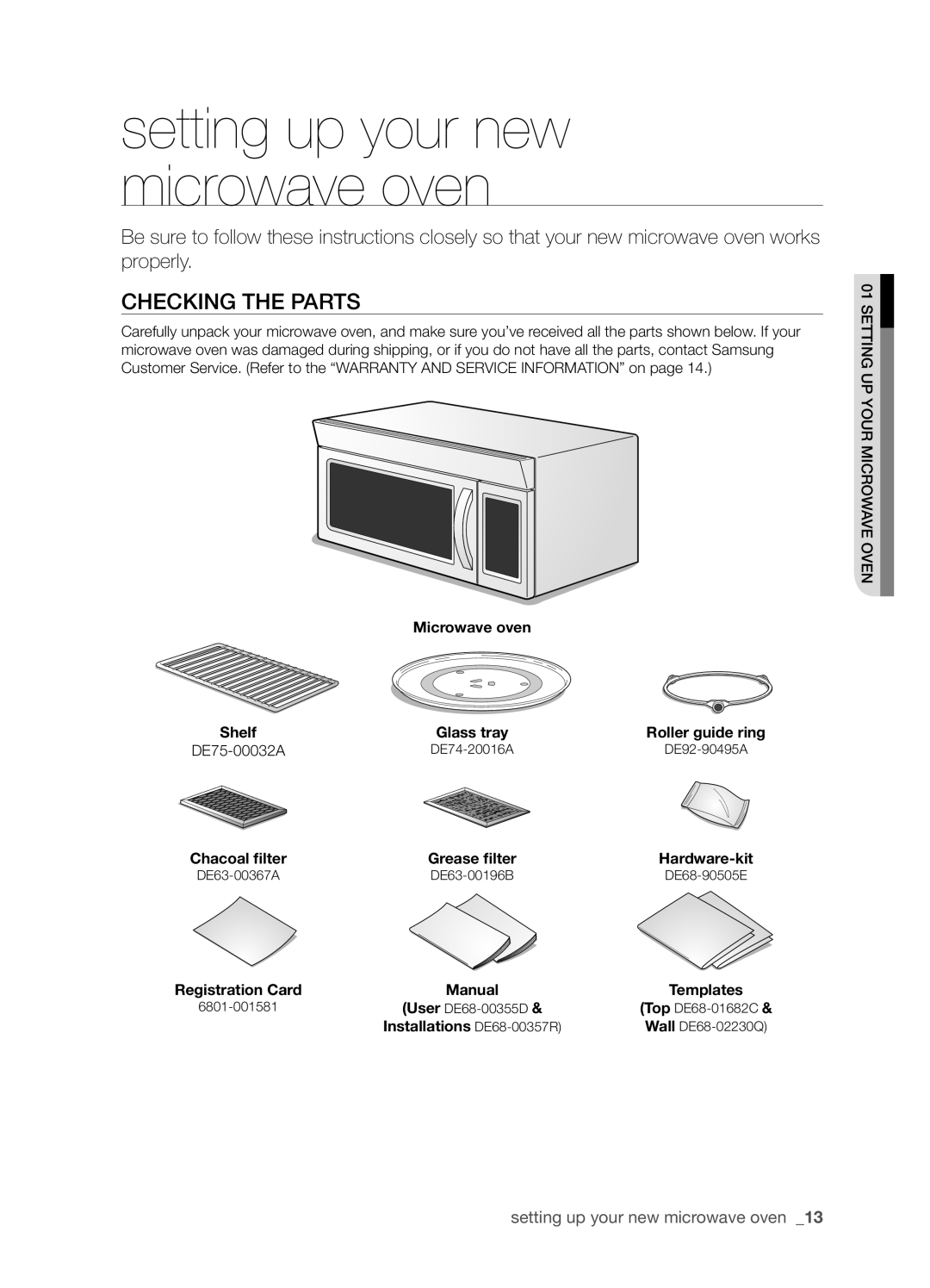 Samsung SMH8165STG user manual Setting up your new microwave oven, Checking the parts 