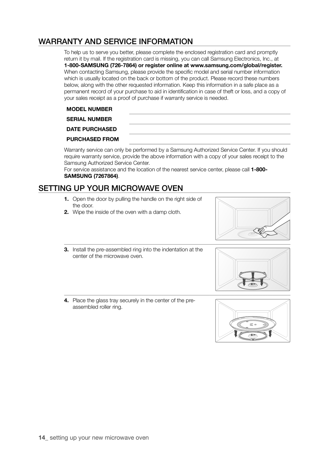 Samsung SMH8165STG user manual Warranty and service information, Setting up your microwave oven 