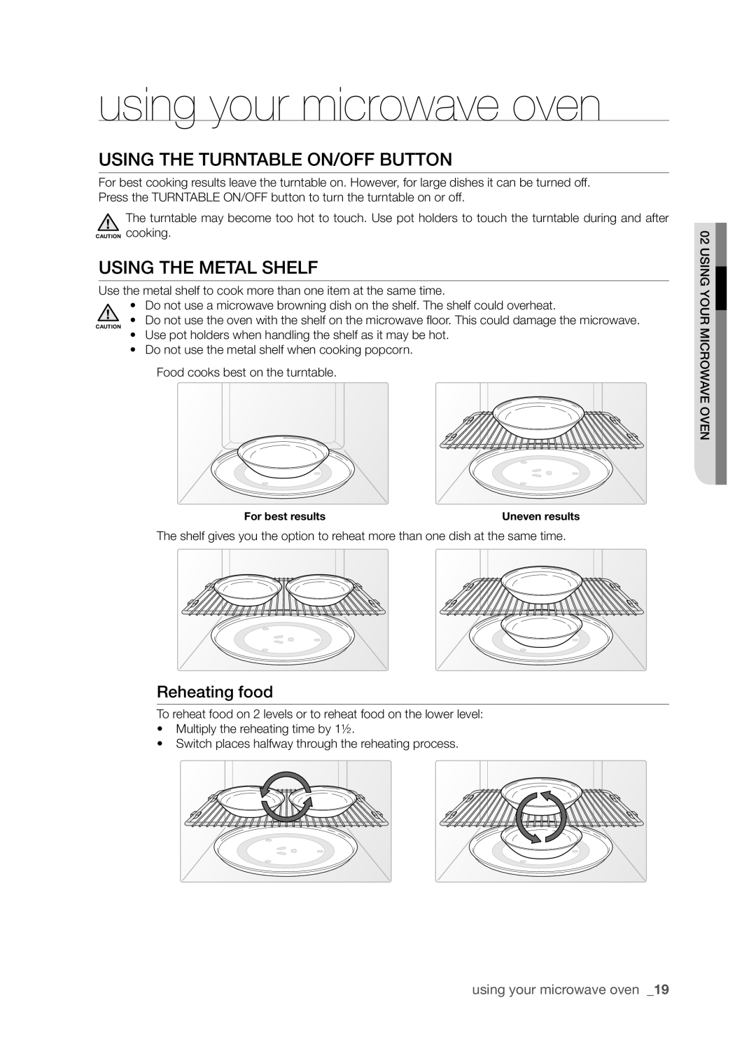 Samsung SMH8165STG user manual Using the Turntable On/Off button, Using the metal shelf, Reheating food 