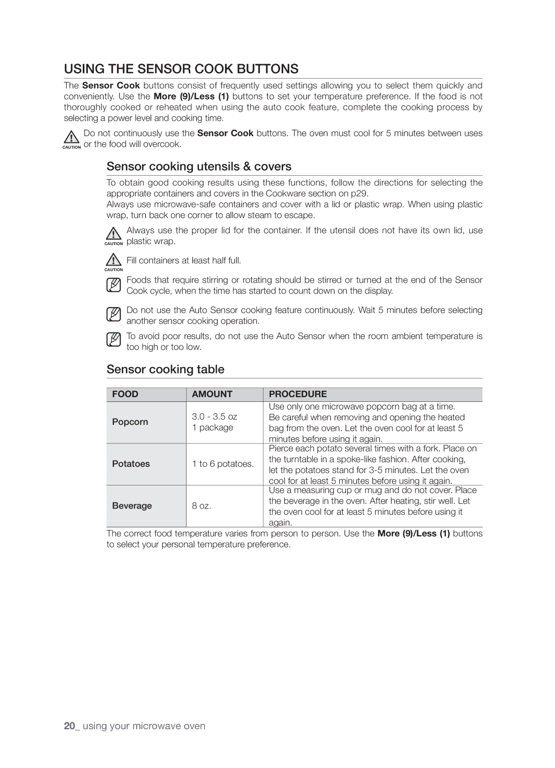 Samsung SMH8165STG user manual Using the Sensor Cook buttons, Sensor cooking utensils & covers, Sensor cooking table 