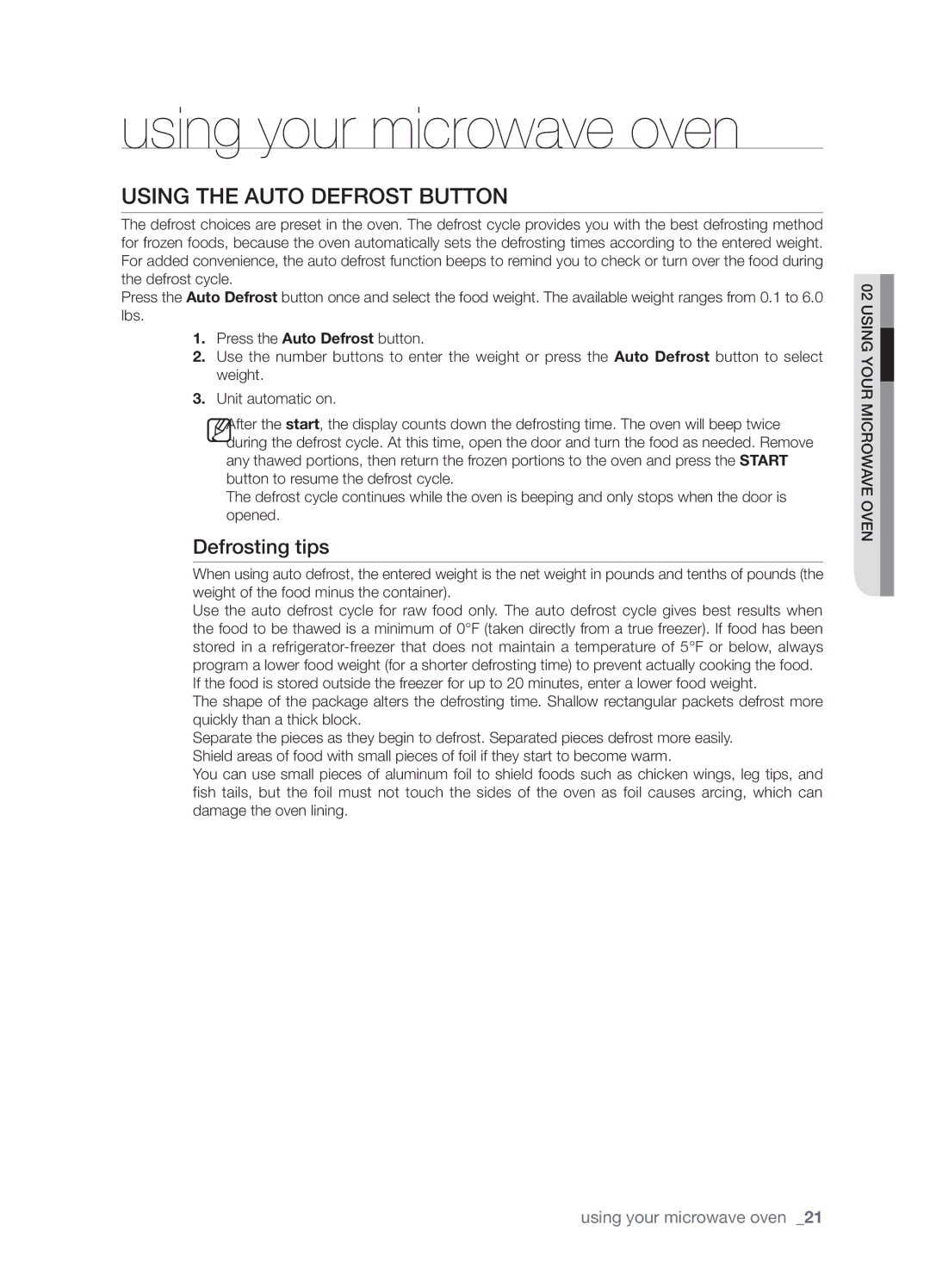 Samsung SMH8165STG user manual Using the Auto Defrost button, Defrosting tips 