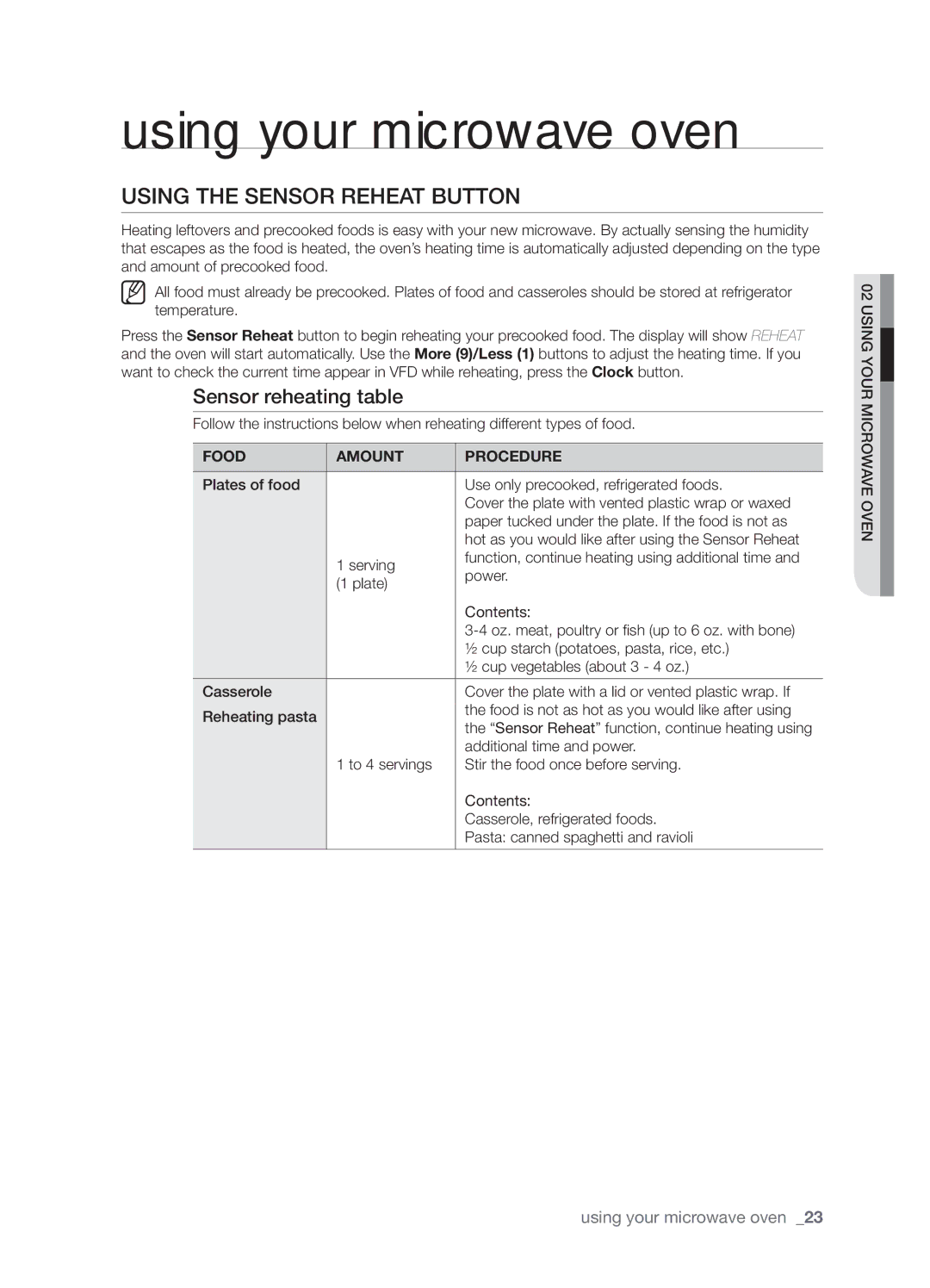 Samsung SMH8165STG user manual Using the Sensor Reheat button, Sensor reheating table 