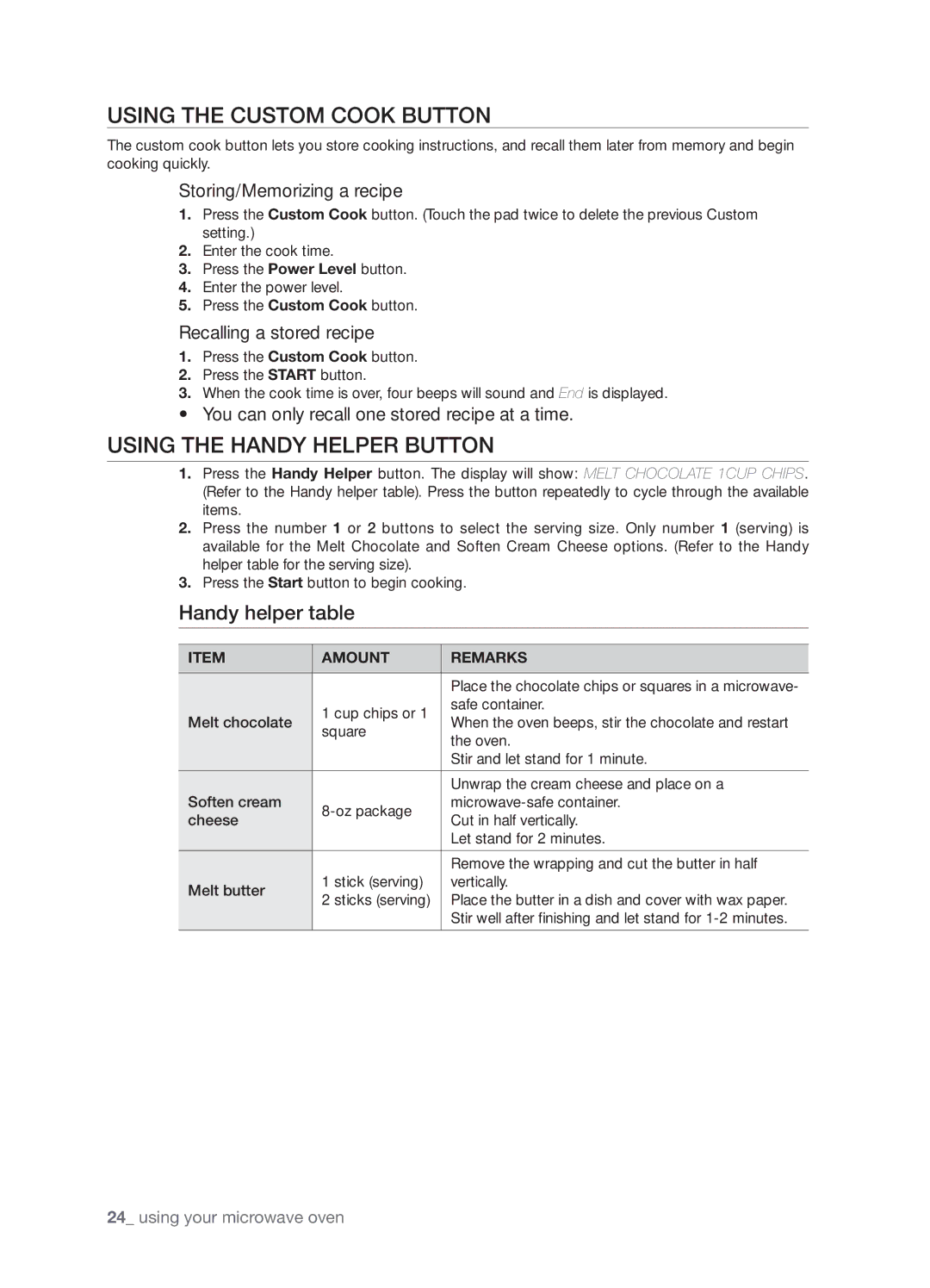 Samsung SMH8165STG Using the Custom Cook button, Using the Handy Helper button, Handy helper table, Amount Remarks 