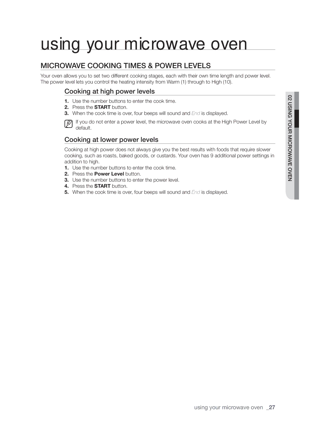 Samsung SMH8165STG Microwave cooking times & Power levels, Cooking at high power levels, Cooking at lower power levels 