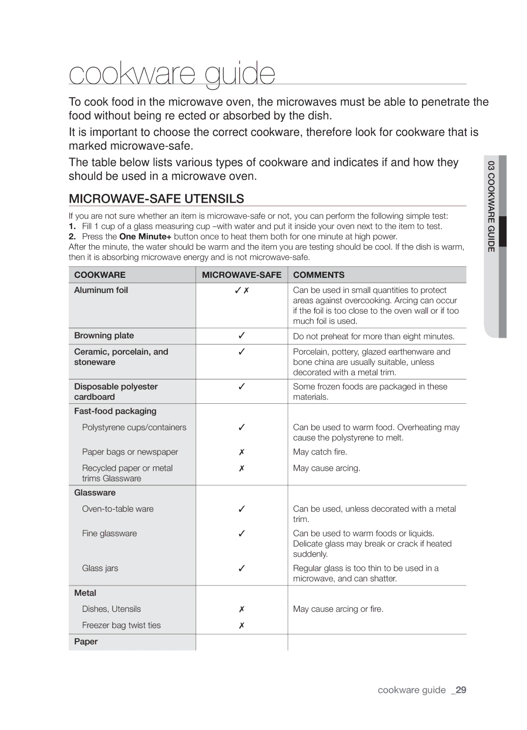 Samsung SMH8165STG user manual Cookware guide, Microwave-safe Utensils, Cookware MICROWAVE-SAFE Comments 