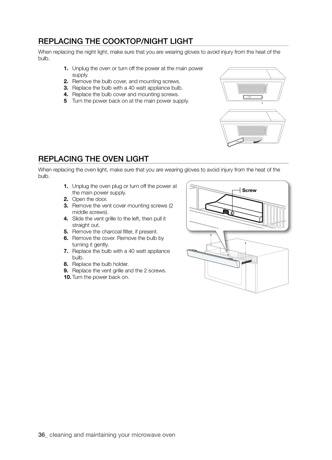 Samsung SMH8165STG user manual Replacing the Cooktop/Night light, Replacing the oven light 