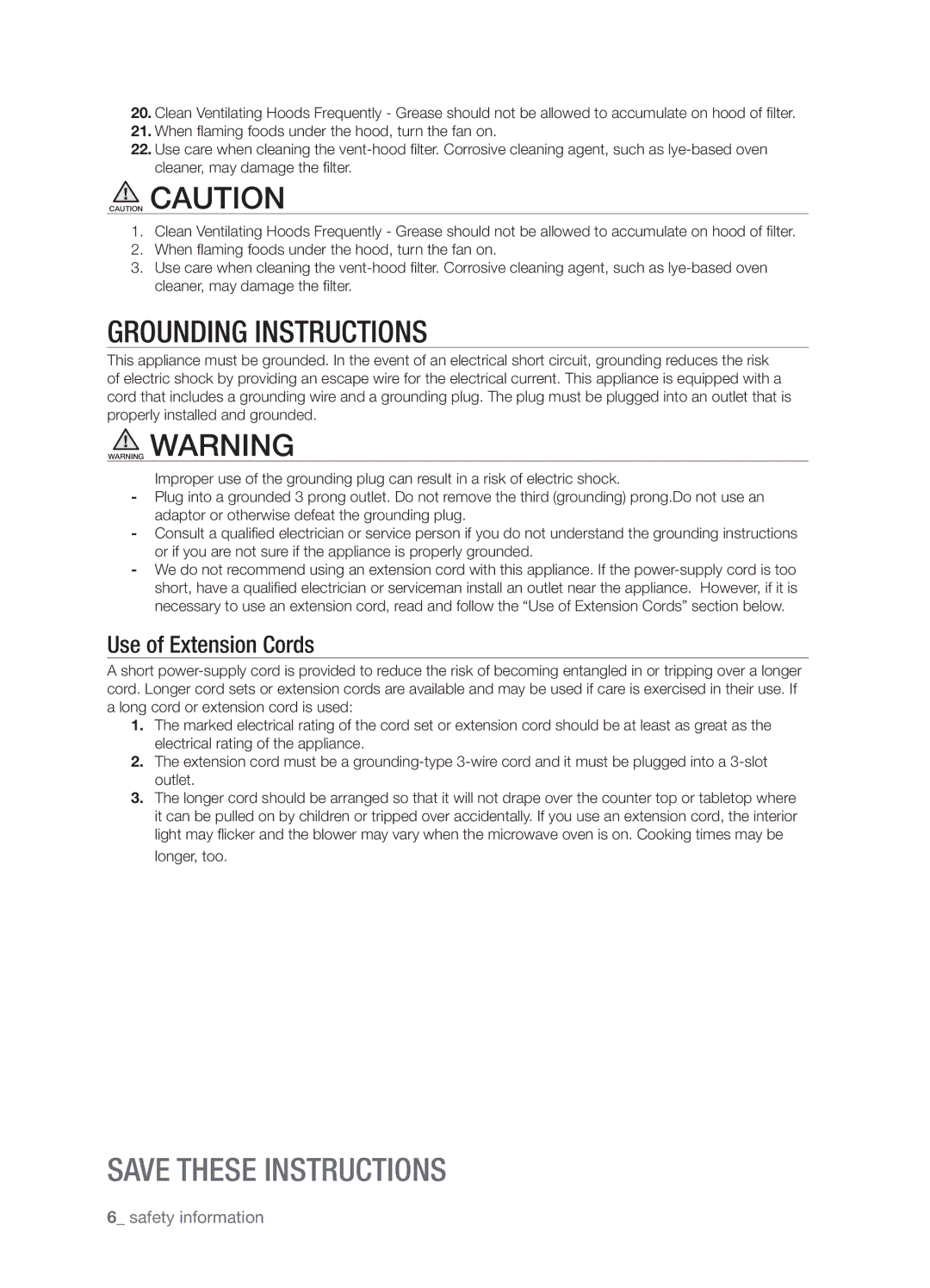 Samsung SMH8165STG user manual Grounding Instructions 