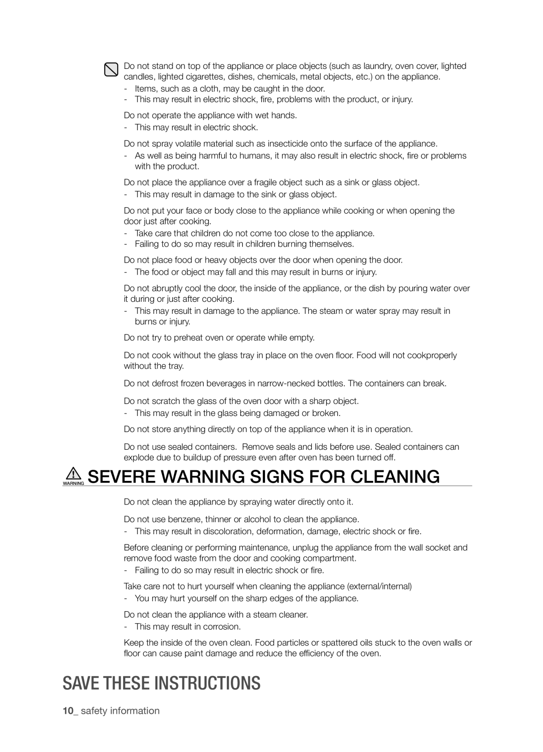 Samsung SMH8165STG user manual Warning Severe Warning Signs For Cleaning, Save these instructions, safety information 
