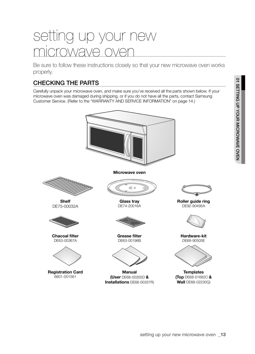 Samsung SMH8165STG setting up your new microwave oven, Checking the parts, Microwave oven, Shelf, Glass tray, Hardware-kit 
