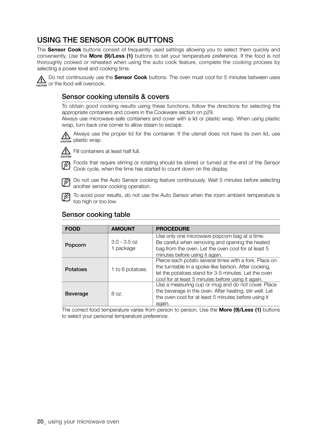 Samsung SMH8165STG user manual Using the Sensor Cook buttons, using your microwave oven, Food, Amount, Procedure 