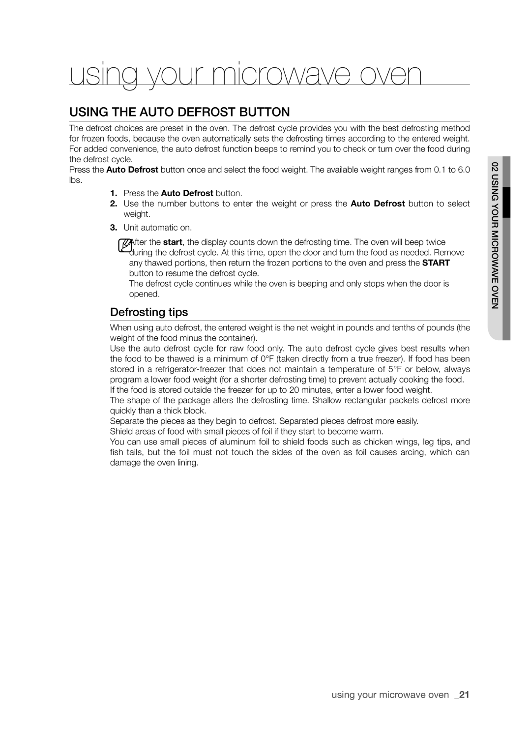 Samsung SMH8165STG user manual Using the Auto Defrost button, using your microwave oven, Defrosting tips 