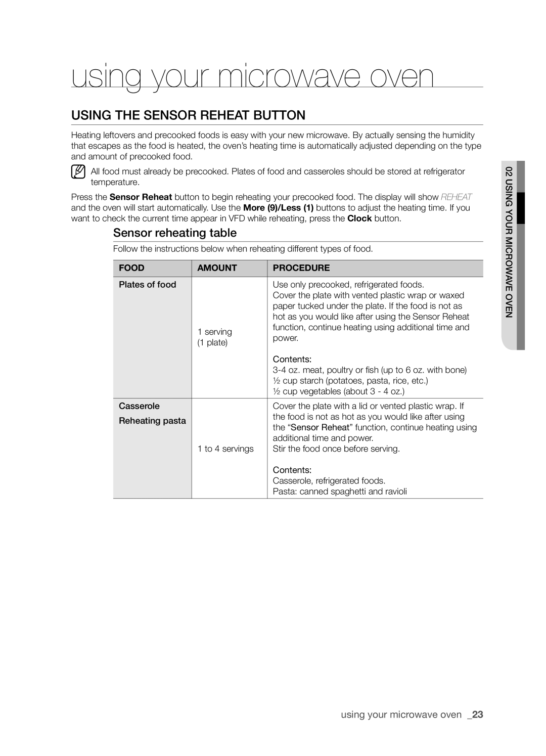 Samsung SMH8165STG user manual Using the Sensor Reheat button, using your microwave oven, Food, Amount, Procedure 