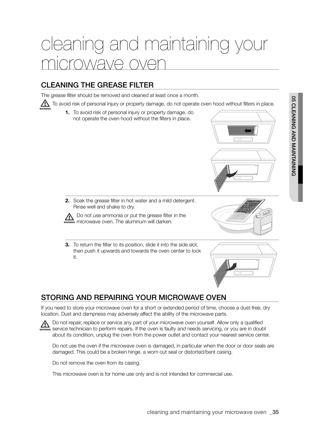Samsung SMH8165STG user manual Cleaning the grease filter, Storing and repairing your microwave oven 