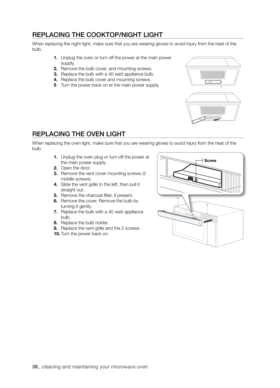 Samsung SMH8165STG user manual Replacing the Cooktop/Night light, Replacing the oven light 