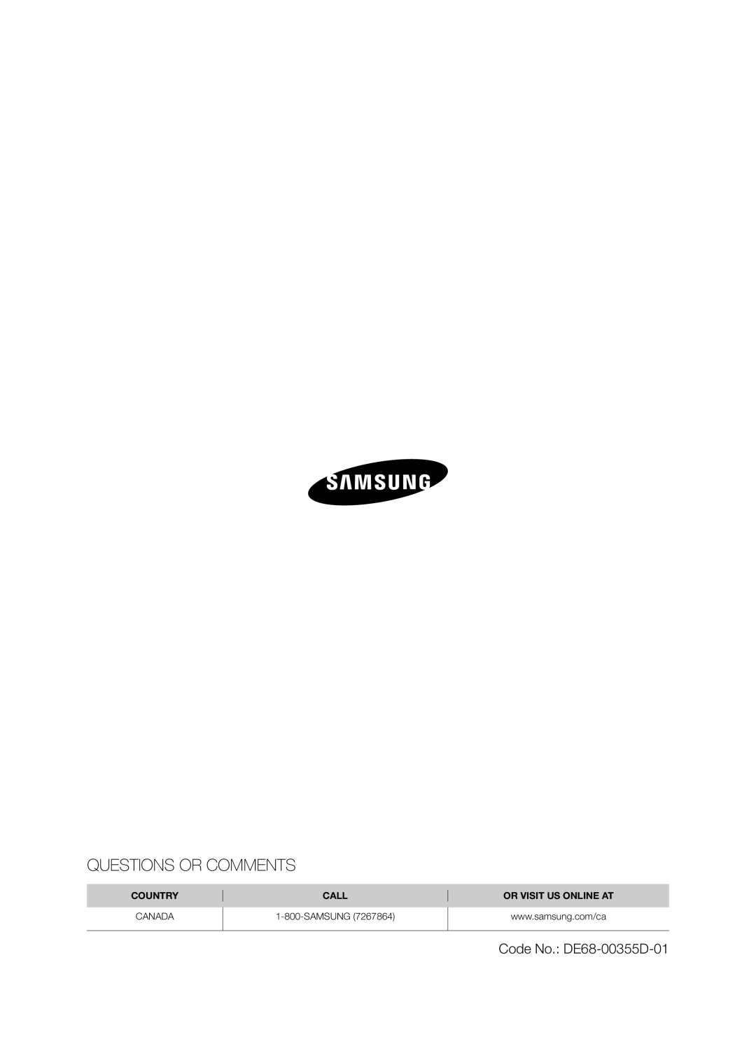 Samsung SMH8165STG user manual Questions Or Comments, Code No. DE68-00355D-01, Country, Call, Or Visit Us Online At 