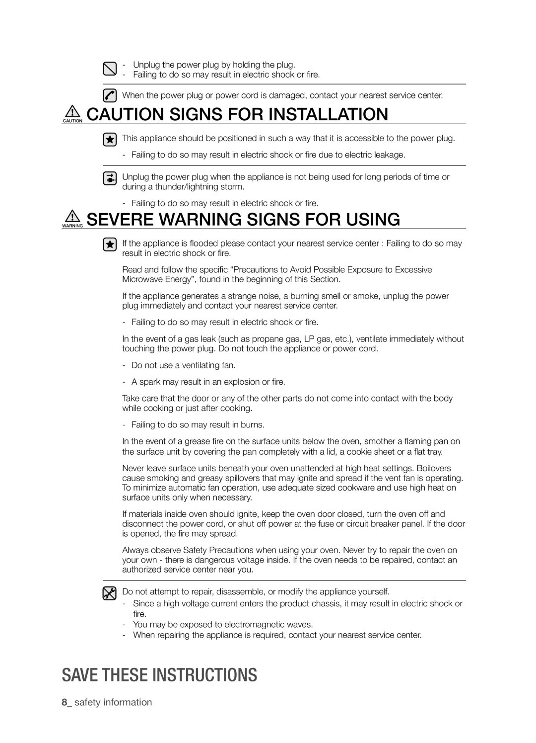 Samsung SMH8165STG Caution Caution Signs For Installation, Warning Severe Warning Signs For Using, Save these instructions 