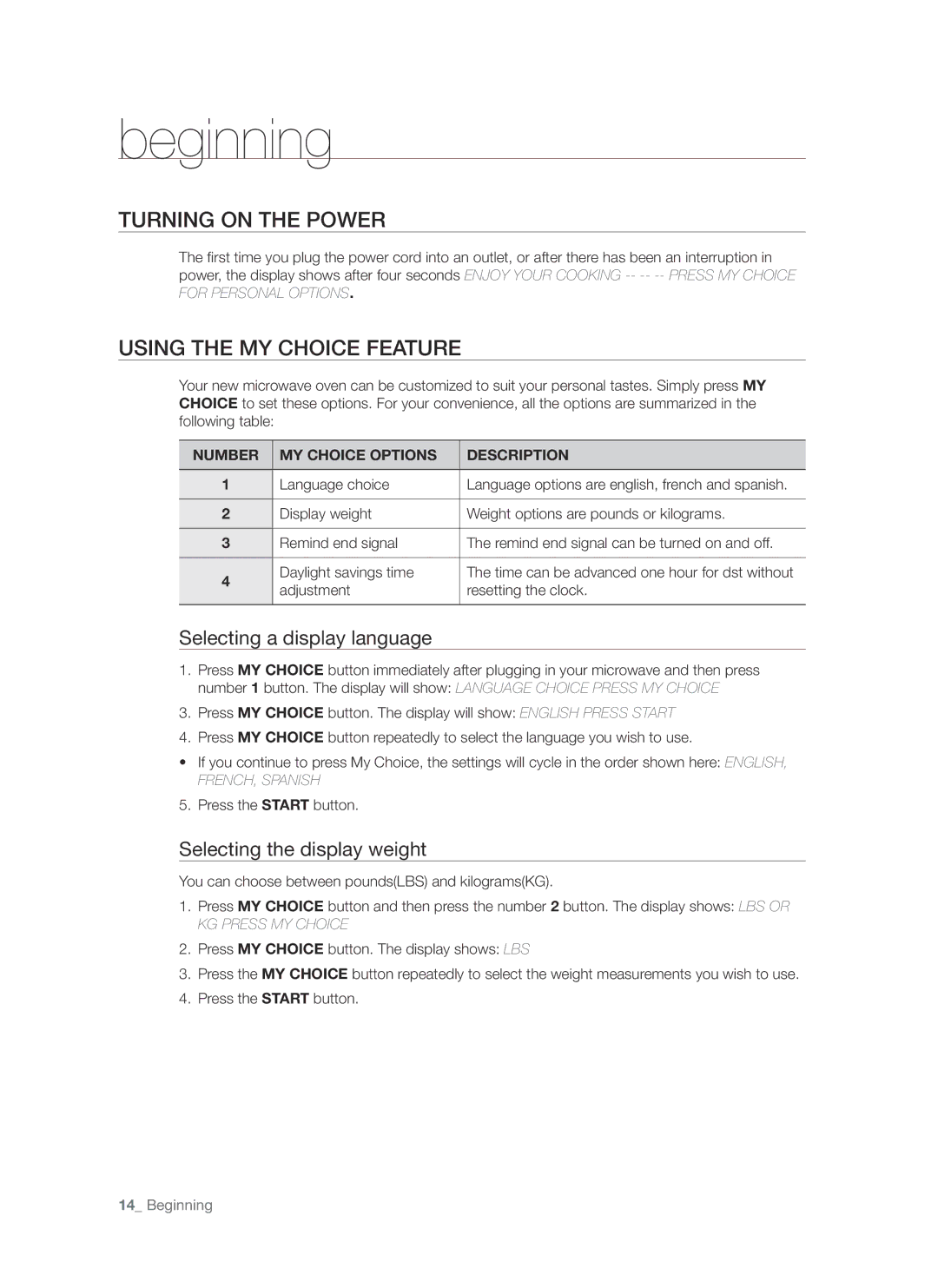 Samsung SMH8187 user manual Beginning, Turning on the power, Using the my choice feature, Selecting a display language 