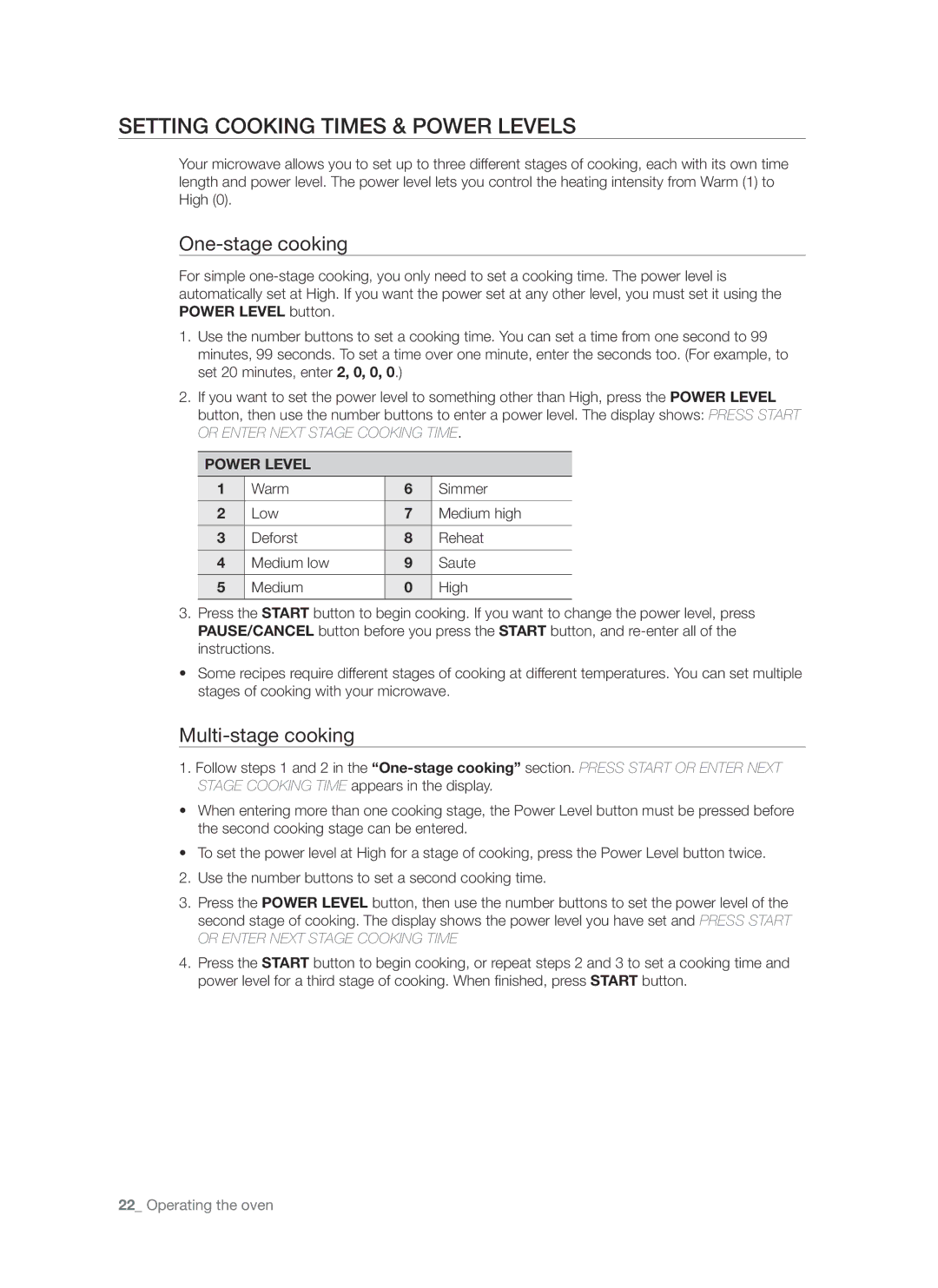 Samsung SMH8187 user manual Setting cooking times & power levels, One-stage cooking, Multi-stage cooking, Power Level 