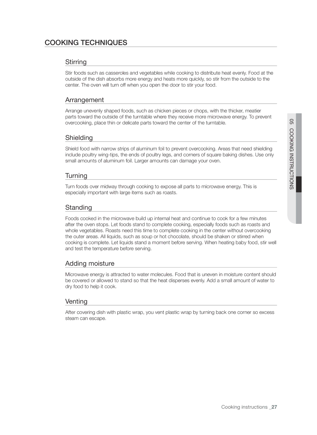 Samsung SMH8187 user manual Cooking techniques 