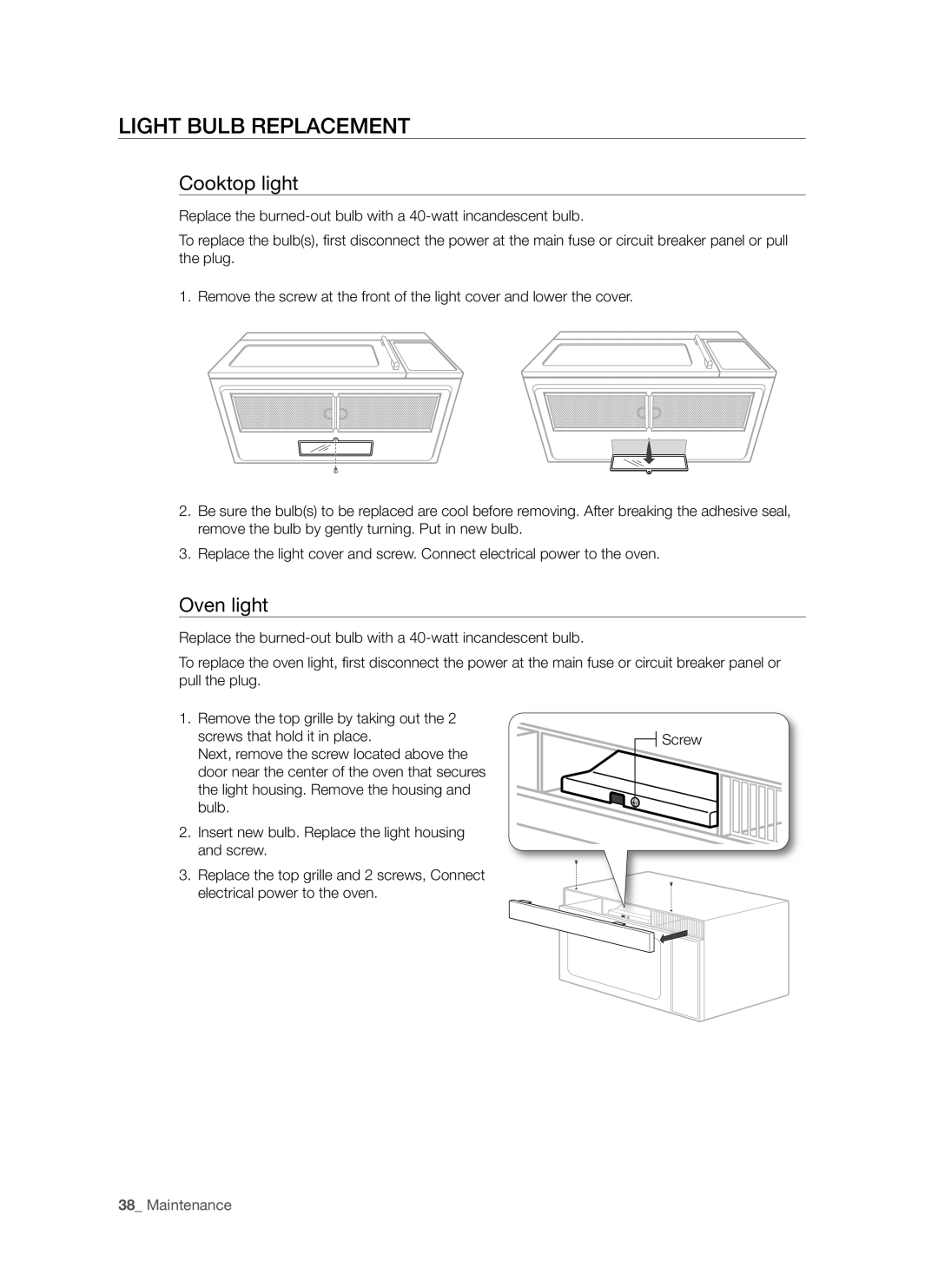 Samsung SMH8187 user manual Light bulb replacement, Cooktop light, Oven light 