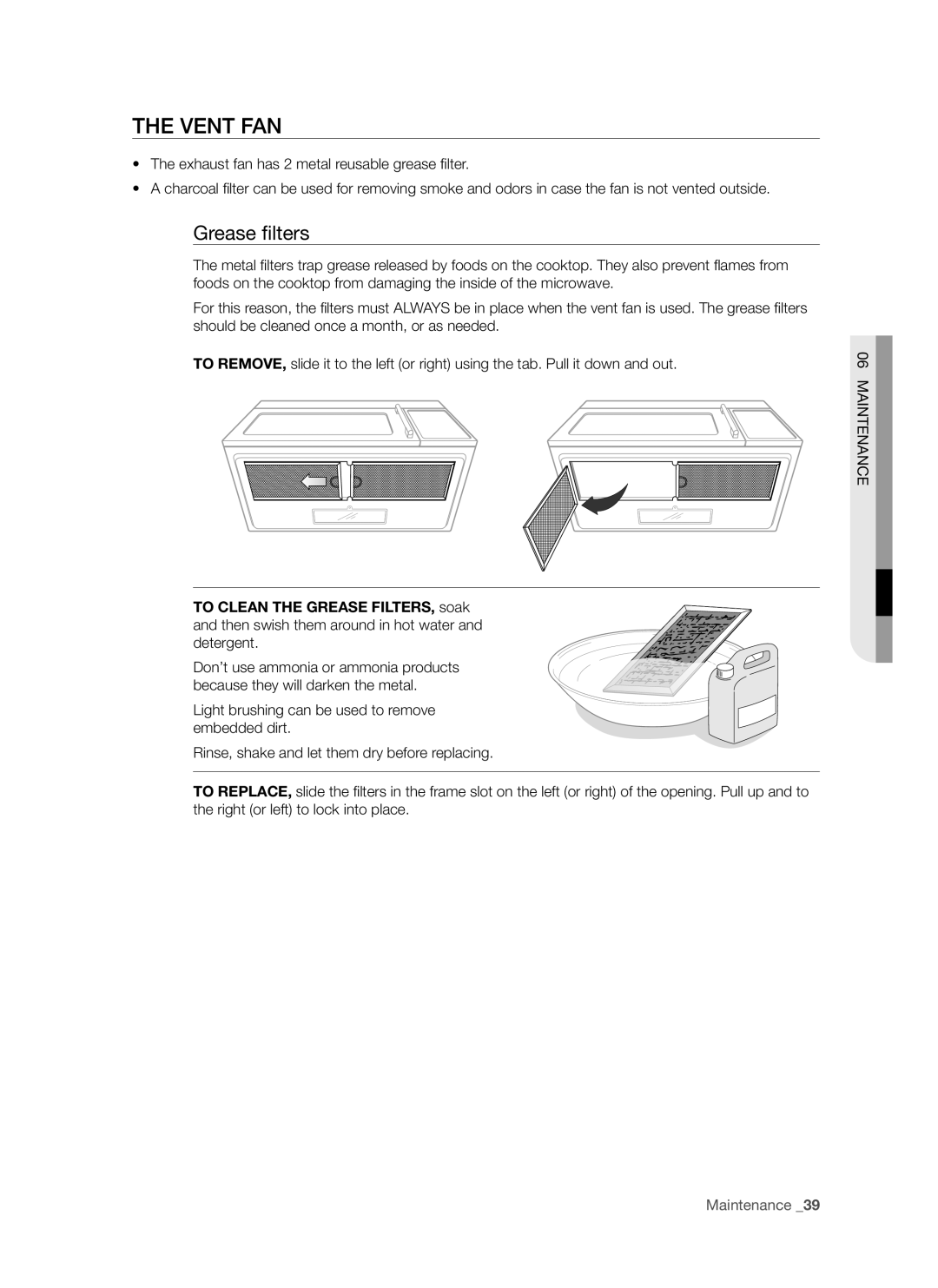 Samsung SMH8187 user manual Vent fan, Grease filters 