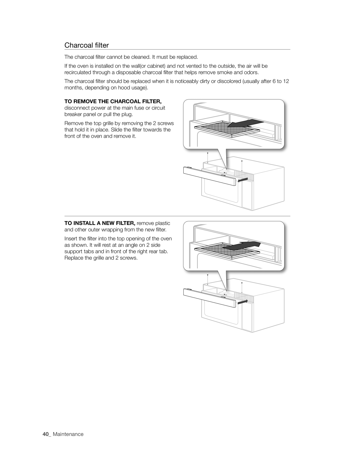 Samsung SMH8187 user manual Charcoal filter cannot be cleaned. It must be replaced 