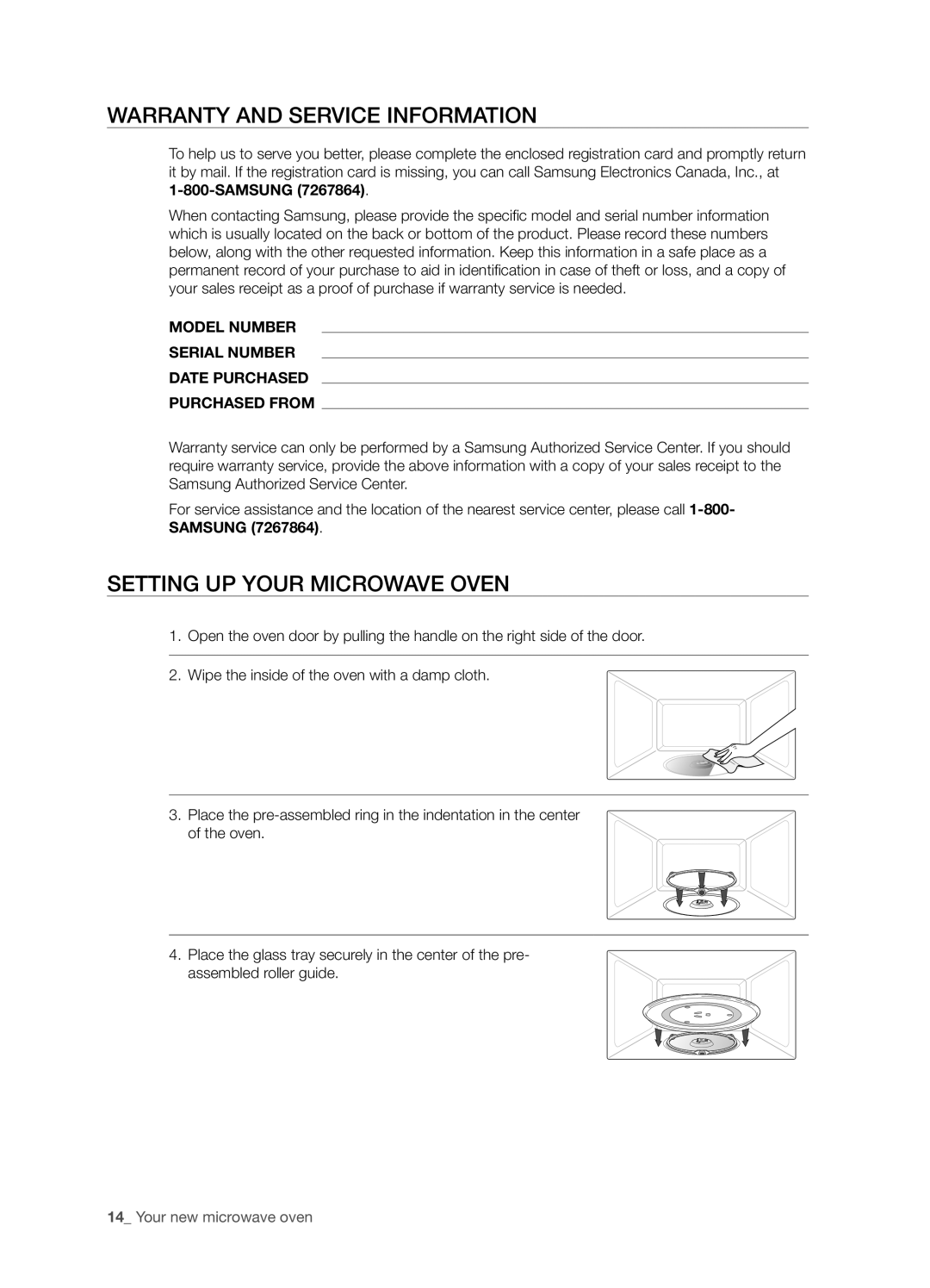 Samsung SHM8187WG, SMH8187STG, SMH8187BG user manual Warranty and service information, Setting up your microwave oven 