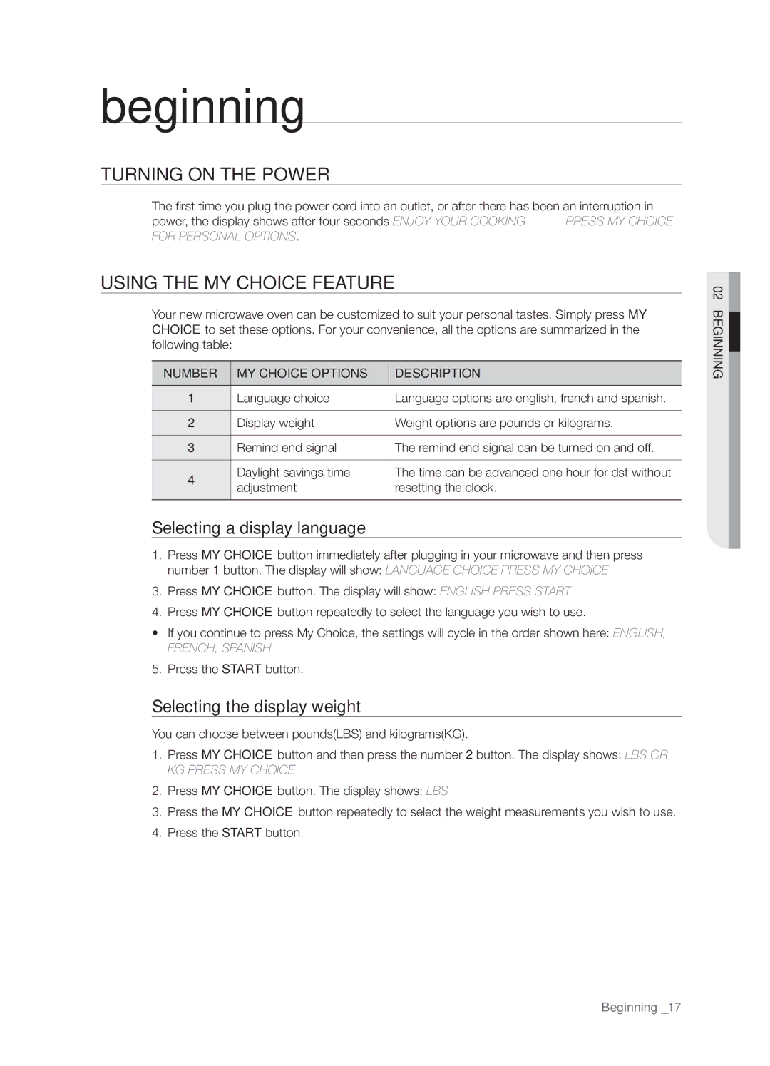 Samsung SHM8187WG, SMH8187STG Beginning, Turning on the power, Using the my choice feature, Selecting a display language 