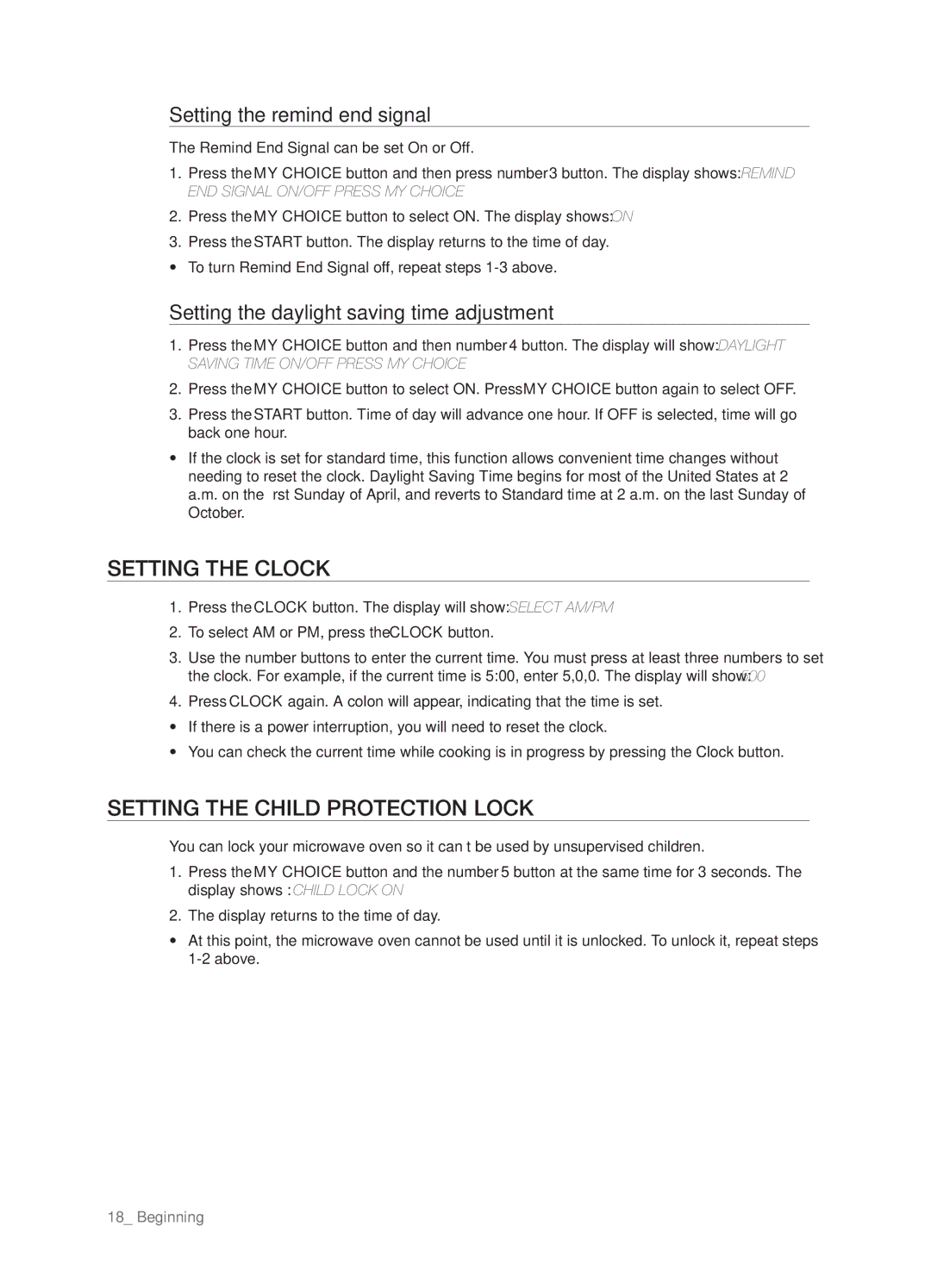 Samsung SMH8187STG, SMH8187BG Setting the clock, Setting the child protection lock, Setting the remind end signal 