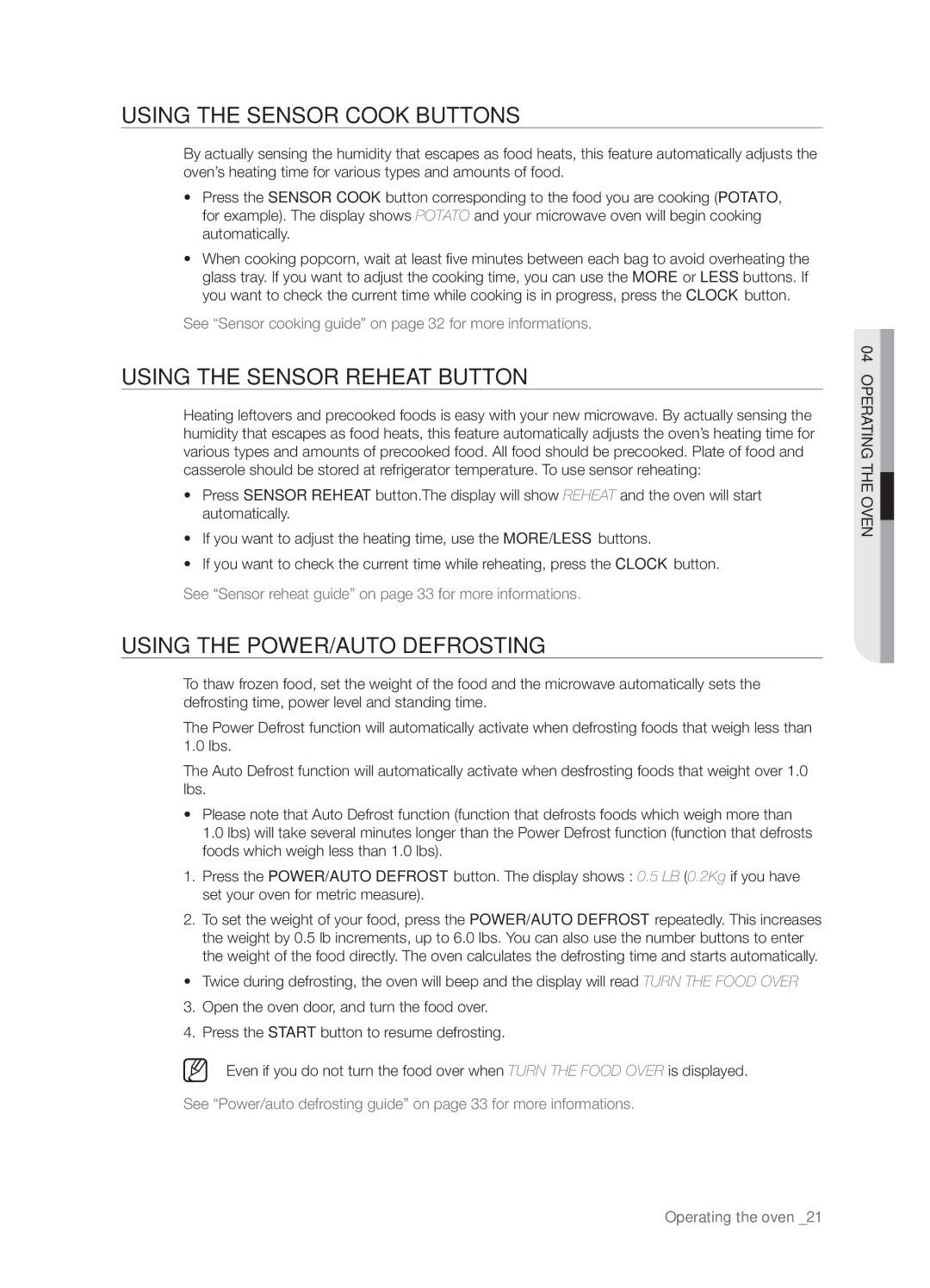 Samsung SMH8187STG Using the sensor cook buttons, Using the sensor reheat button, Using the power/auto defrosting 