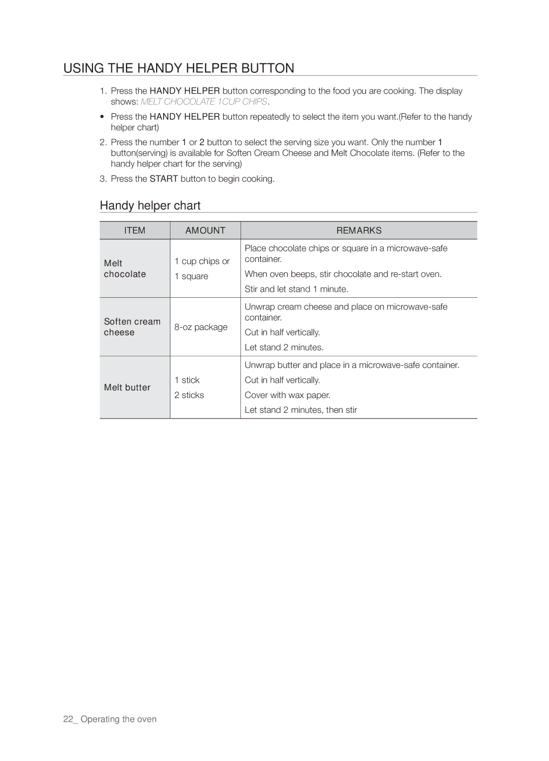 Samsung SMH8187BG, SMH8187STG, SHM8187WG user manual Using the handy helper button, Handy helper chart, Amount Remarks 