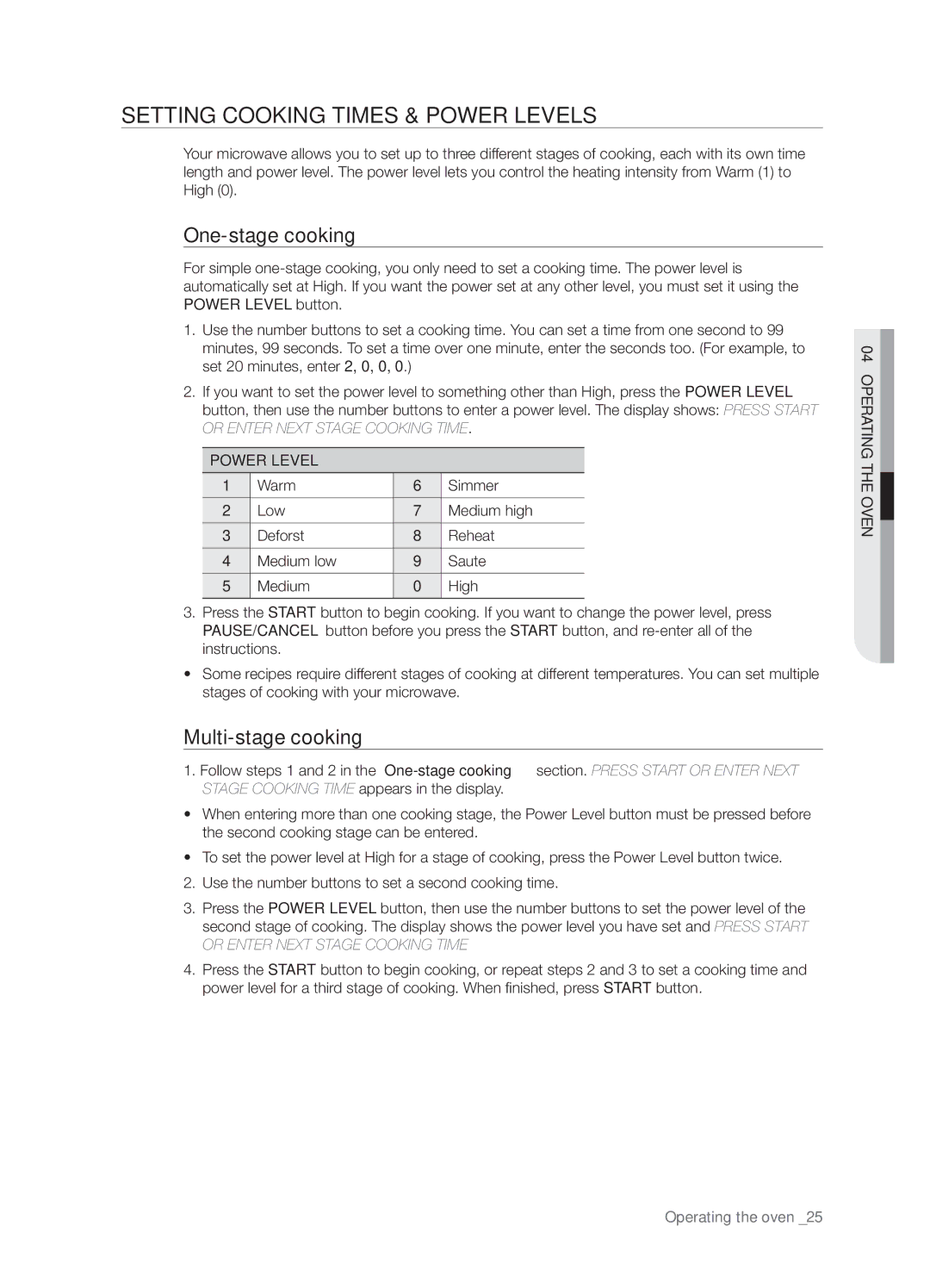 Samsung SMH8187BG, SMH8187STG Setting cooking times & power levels, One-stage cooking, Multi-stage cooking, Power Level 