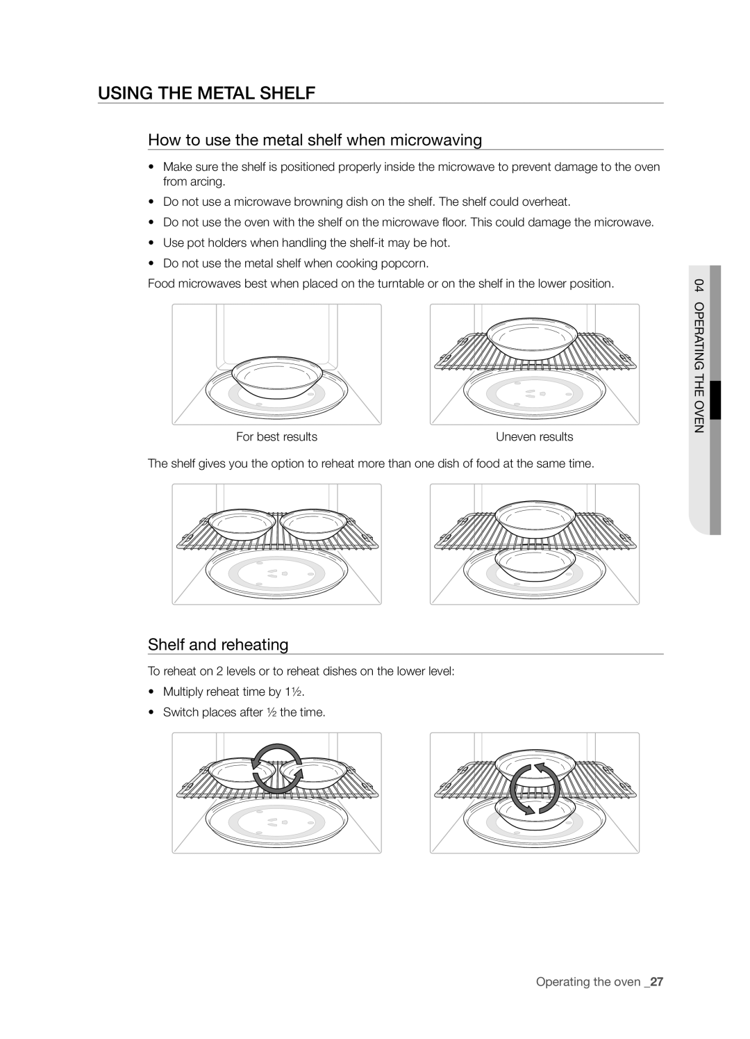 Samsung SMH8187STG, SMH8187BG Using the metal shelf, How to use the metal shelf when microwaving, Shelf and reheating 