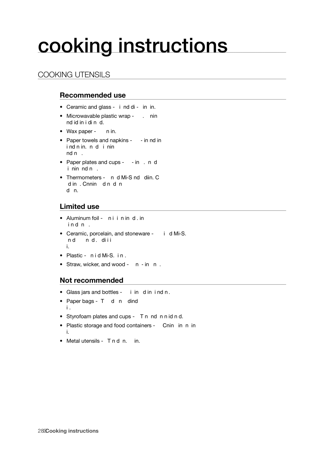 Samsung SMH8187BG, SMH8187STG Cooking instructions, Cooking utensils, Recommended use, Limited use, Not recommended 