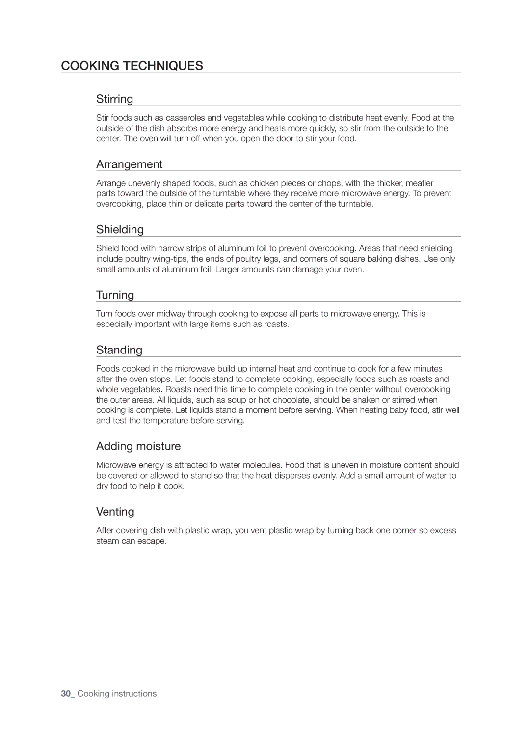 Samsung SMH8187STG, SMH8187BG, SHM8187WG user manual Cooking techniques 